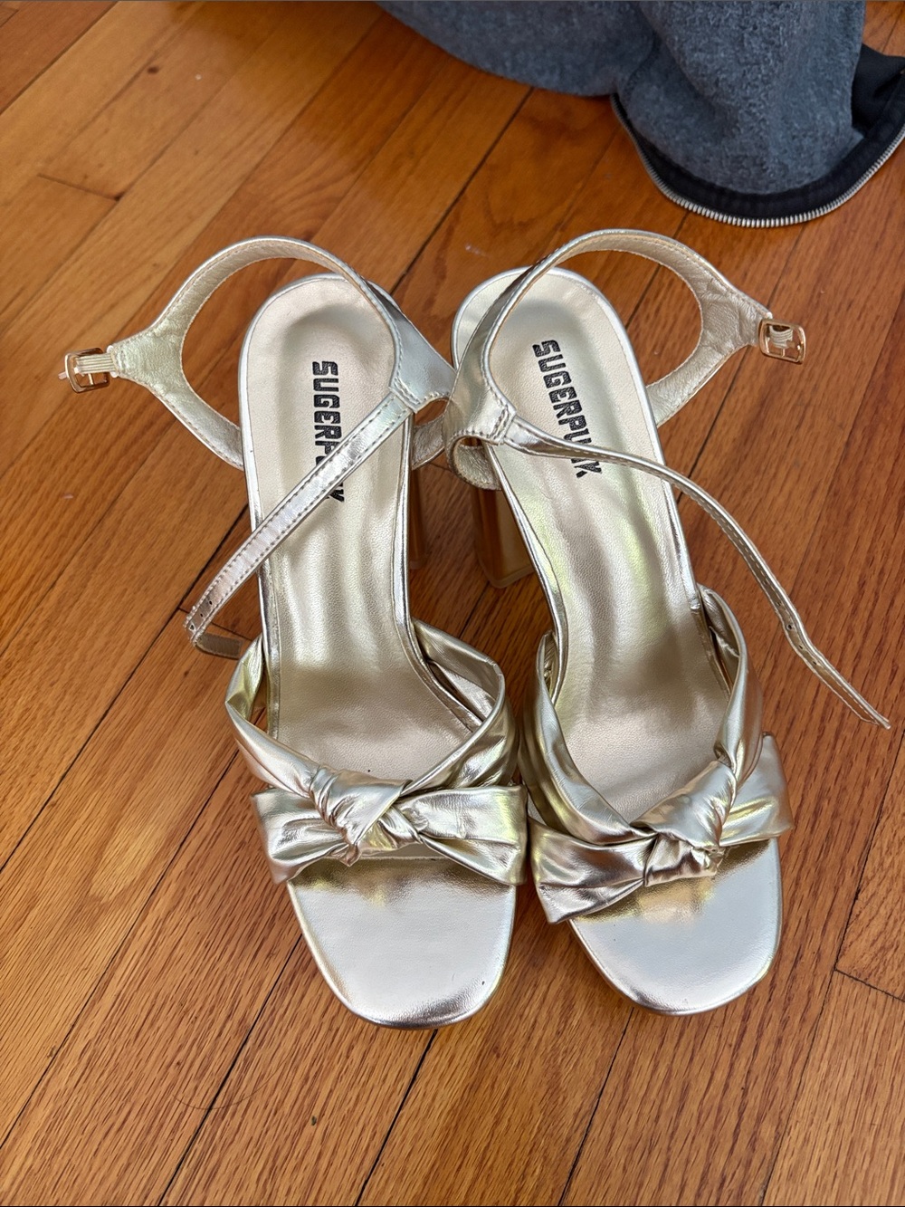 Sugar Metallic Gold Knot Front Ankle-Strap Heels